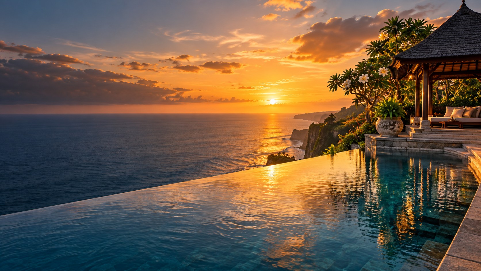 Bali-inspired tropical infinity pool overlooking the ocean at sunset